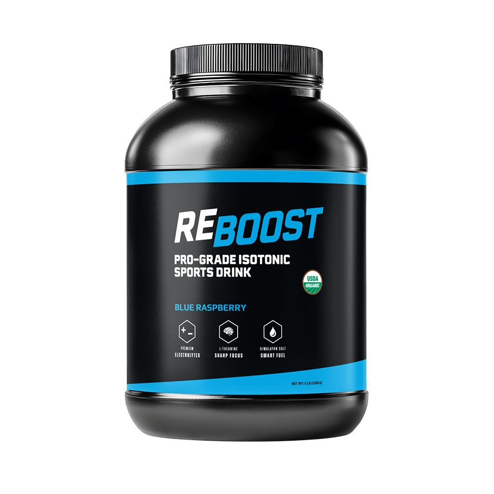 Blue Raspberry (Electrolyte Powder) Black container of Reboost sports drink with blue label on a white background